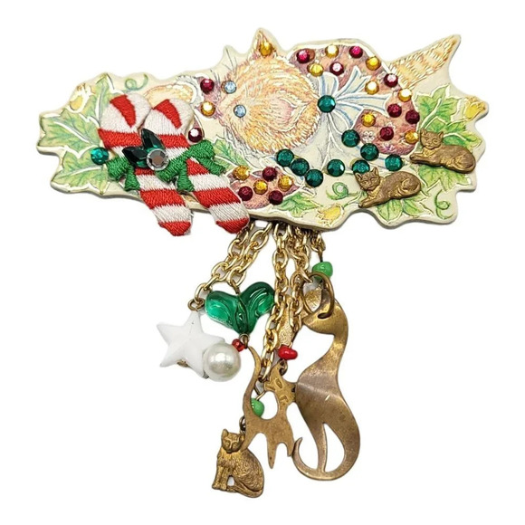 Kitty Cucumber 1984 Christmas Artisan Recycled Dangle Brooch Star Heart Cat - Picture 1 of 4
